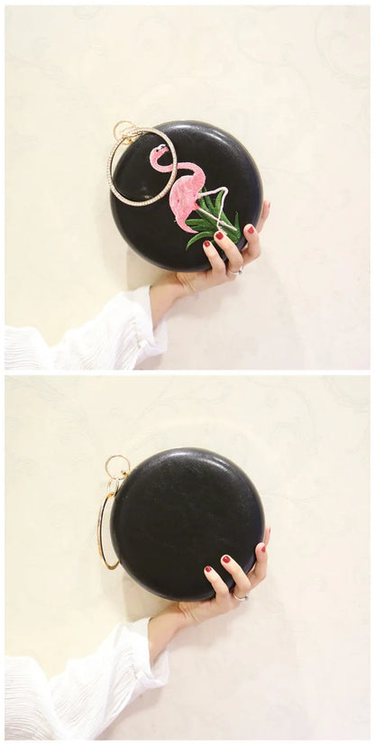 Women Embroidery Flamingo Evening Bags Luxury Round Shaped Female Wedding Dinner Bags Shoulder Bags Clutch Purse