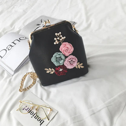 Bolso de mano con cadena floral para mujer, cartera de mano con cierre de metal y hojas con abalorios, para noche, para fiesta