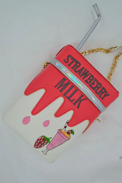 Personality Milk Box Shape Shoulder Bag Strawberry /Lemon printed drink bottle shape bag with straw femle mobile phone bags