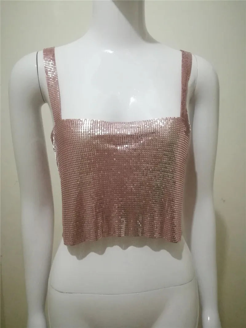 Sexy Women Shiny Tank Tops Gold Sequined Metal Diamonds Crop Tops Vest Tee Shirt Glitter Crystal Nightclub Basic Crop Tops 2024