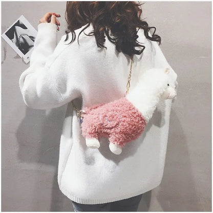 Funny Cartoon Plush Alpaca Animal Shape Bag Creative Spoof Fashion Shoulder Bag Women's Messenger Bag Girls Cute Flap Bag