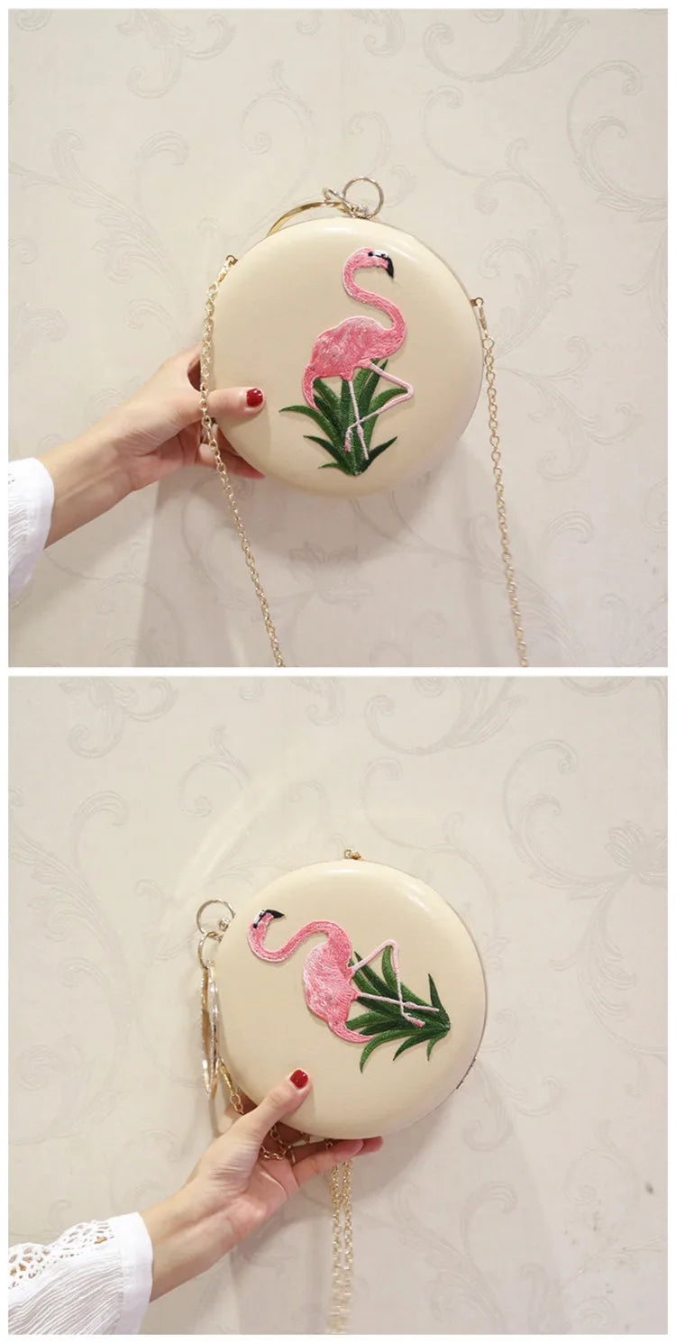 Women Embroidery Flamingo Evening Bags Luxury Round Shaped Female Wedding Dinner Bags Shoulder Bags Clutch Purse