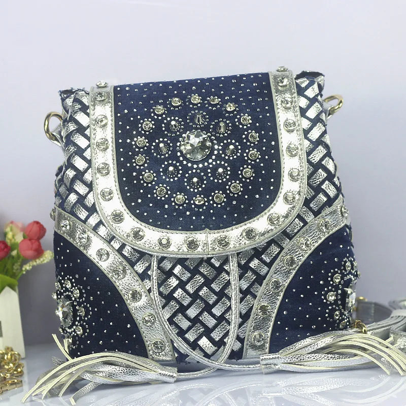 Bolso de hombro elegante de marca con diamantes de imitación para mujer, bolso de tela vaquera informal para mujer, bolsos de mano para mujer, mochila