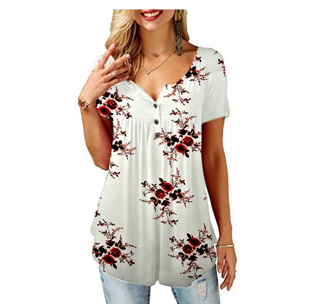 5 estilos nuevos de camisas casuales para mujer, cuello en V, botones florales, fruncidos, sueltas, mangas cortas, tallas S a XXL, blusas de verano de moda para mujer