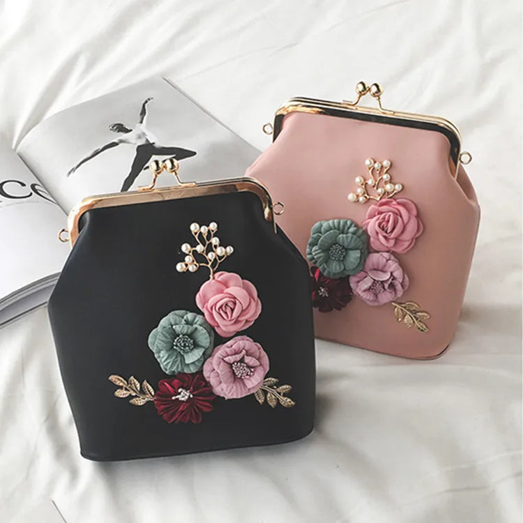 Bolso de mano con cadena floral para mujer, cartera de mano con cierre de metal y hojas con abalorios, para noche, para fiesta