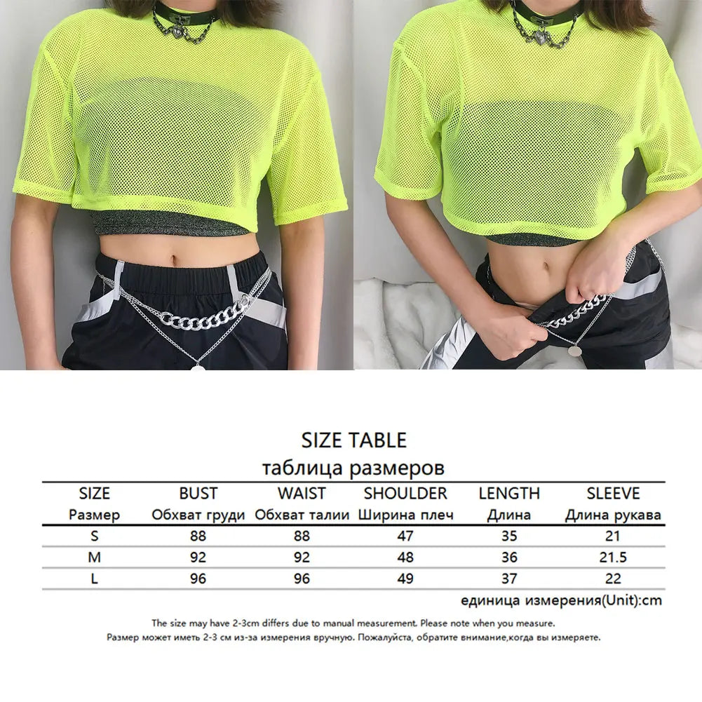 Moda mujer malla transparente media manga crop tops casual transparente color sólido camiseta camiseta sexy señoras verano ropa SML