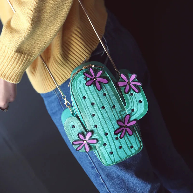 Women embroidery flowers mini chain shoulder bag cute green cactus shape bag flap small desinger crossbody bag for women