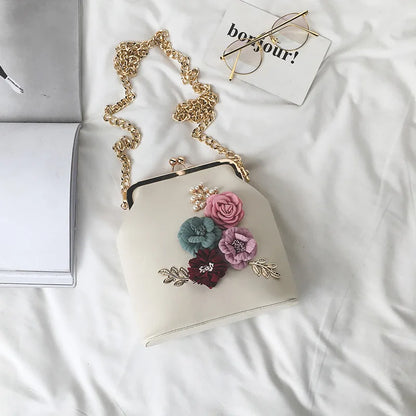 Bolso de mano con cadena floral para mujer, cartera de mano con cierre de metal y hojas con abalorios, para noche, para fiesta