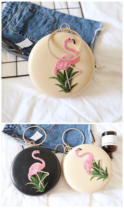 Women Embroidery Flamingo Evening Bags Luxury Round Shaped Female Wedding Dinner Bags Shoulder Bags Clutch Purse