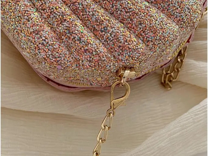 Bolso de verano para mujer, pequeño bolso con lentejuelas y forma de concha, bolso de cadena para mujer, pequeño bolso de hombro con lentejuelas a la moda, bonito bolso cruzado para niña