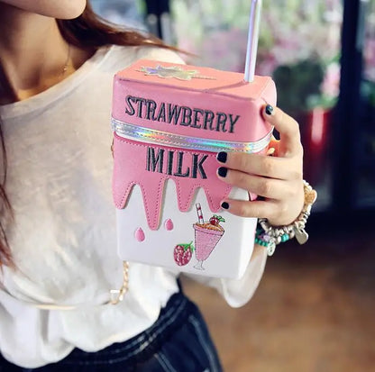 Personality Milk Box Shape Shoulder Bag Strawberry /Lemon printed drink bottle shape bag with straw femle mobile phone bags