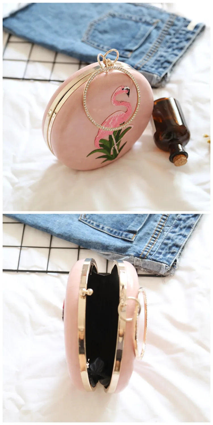 Women Embroidery Flamingo Evening Bags Luxury Round Shaped Female Wedding Dinner Bags Shoulder Bags Clutch Purse