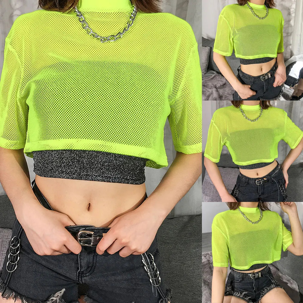 Moda mujer malla transparente media manga crop tops casual transparente color sólido camiseta camiseta sexy señoras verano ropa SML