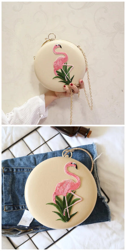 Women Embroidery Flamingo Evening Bags Luxury Round Shaped Female Wedding Dinner Bags Shoulder Bags Clutch Purse