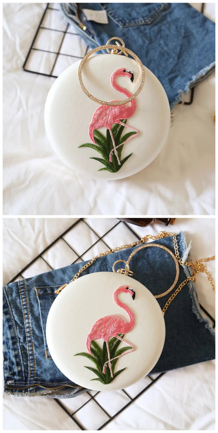 Women Embroidery Flamingo Evening Bags Luxury Round Shaped Female Wedding Dinner Bags Shoulder Bags Clutch Purse