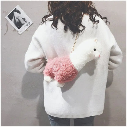 Funny Cartoon Plush Alpaca Animal Shape Bag Creative Spoof Fashion Shoulder Bag Women's Messenger Bag Girls Cute Flap Bag