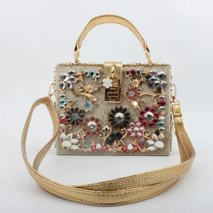 Women Evening Clutch Acrylic Square Box Bag with Rhinestones Shoulder Bag Crossbody Bag Handbag