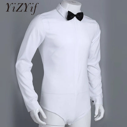 YiZYiF latin dance Mens Long Sleeve Zipper Solid Color Latin Modern Dance Shirt with Bowtie One-piece Romper Shirt Dance Costume