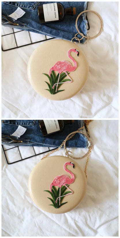 Women Embroidery Flamingo Evening Bags Luxury Round Shaped Female Wedding Dinner Bags Shoulder Bags Clutch Purse