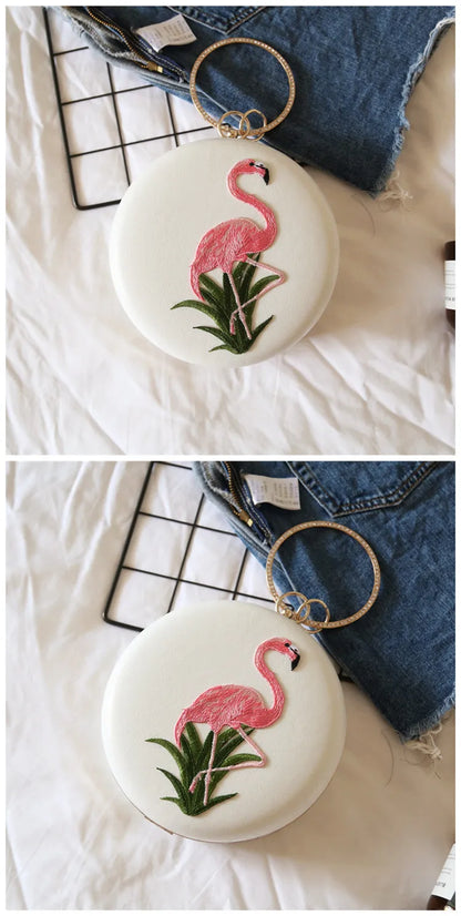 Women Embroidery Flamingo Evening Bags Luxury Round Shaped Female Wedding Dinner Bags Shoulder Bags Clutch Purse