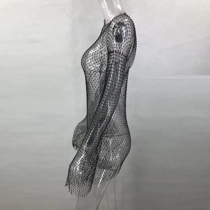 Vestido ajustado de malla transparente de manga larga con diamantes de imitación para mujer, vestido sexy transparente para discoteca, vestidos de fiesta cortos con purpurina, vestidos femeninos