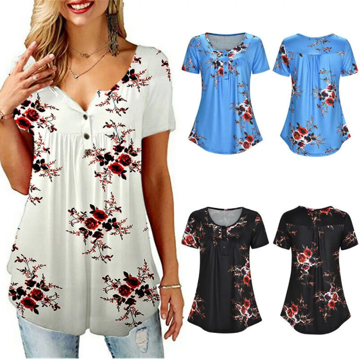 5 estilos nuevos de camisas casuales para mujer, cuello en V, botones florales, fruncidos, sueltas, mangas cortas, tallas S a XXL, blusas de verano de moda para mujer