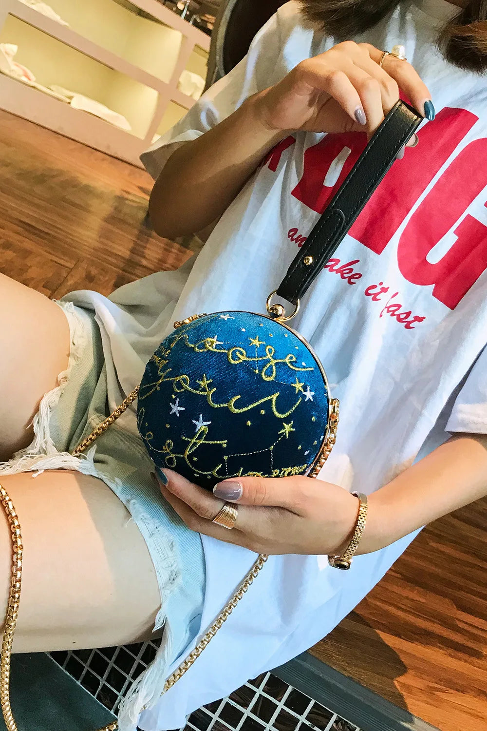 Luxury Fashion Blue Planet Velvet Star Ball Shoulder Bag Women small round Velour Bag Personality Female Handbag