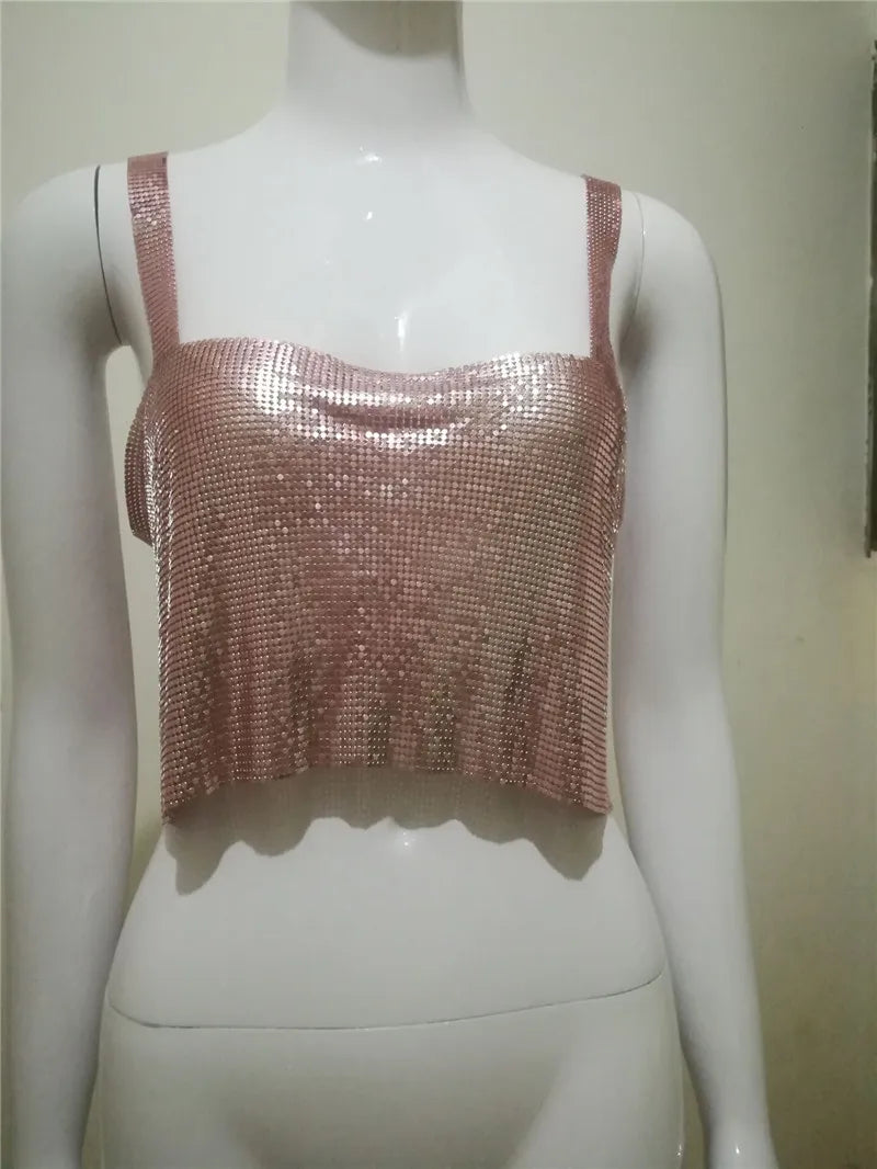 Sexy Women Shiny Tank Tops Gold Sequined Metal Diamonds Crop Tops Vest Tee Shirt Glitter Crystal Nightclub Basic Crop Tops 2024