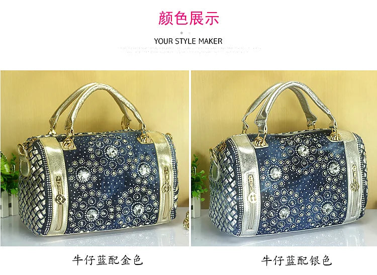 2016 Women denim handbags rhinestone shoulder bags woman style bags fashion messenger bags bolsa feminina