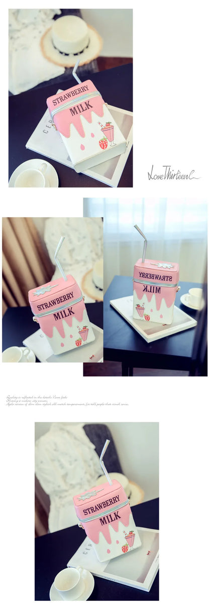 Personality Milk Box Shape Shoulder Bag Strawberry /Lemon printed drink bottle shape bag with straw femle mobile phone bags