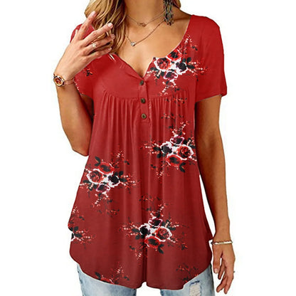 5 estilos nuevos de camisas casuales para mujer, cuello en V, botones florales, fruncidos, sueltas, mangas cortas, tallas S a XXL, blusas de verano de moda para mujer