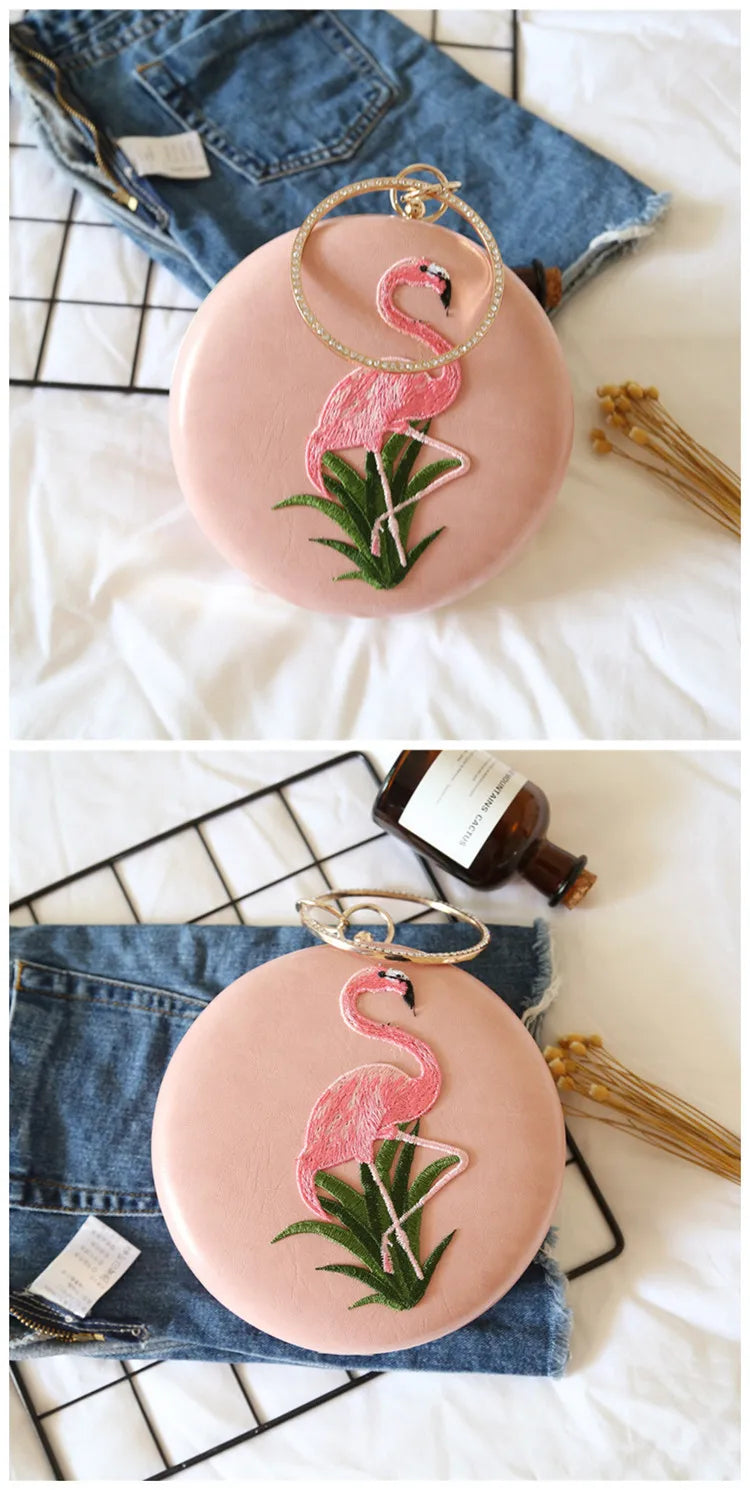 Women Embroidery Flamingo Evening Bags Luxury Round Shaped Female Wedding Dinner Bags Shoulder Bags Clutch Purse