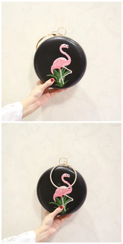 Women Embroidery Flamingo Evening Bags Luxury Round Shaped Female Wedding Dinner Bags Shoulder Bags Clutch Purse