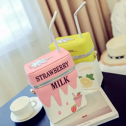 Personality Milk Box Shape Shoulder Bag Strawberry /Lemon printed drink bottle shape bag with straw femle mobile phone bags