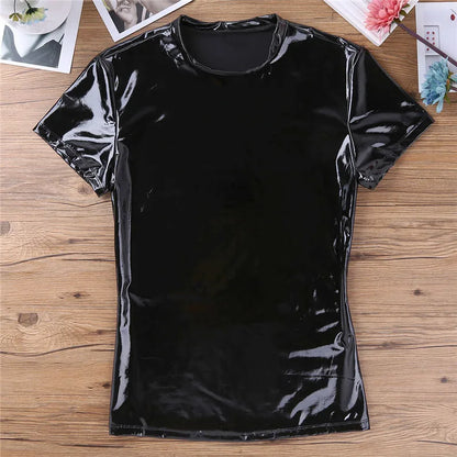 T-shirt sexy en cuir PVC effet mouillé pour homme, sous-vêtement extensible en latex, tenue de club, costume de scène, t-shirt moulant