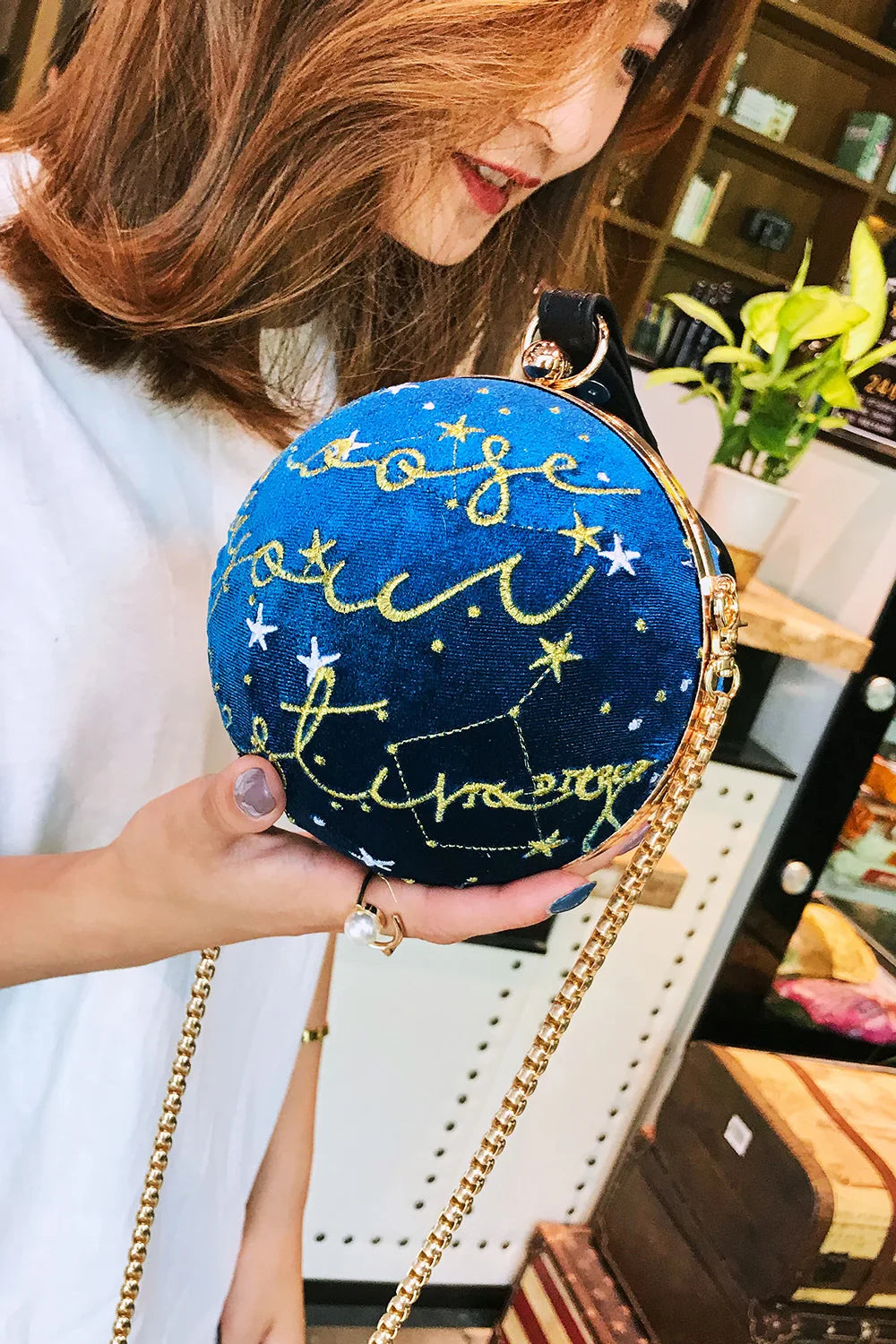 Luxury Fashion Blue Planet Velvet Star Ball Shoulder Bag Women small round Velour Bag Personality Female Handbag