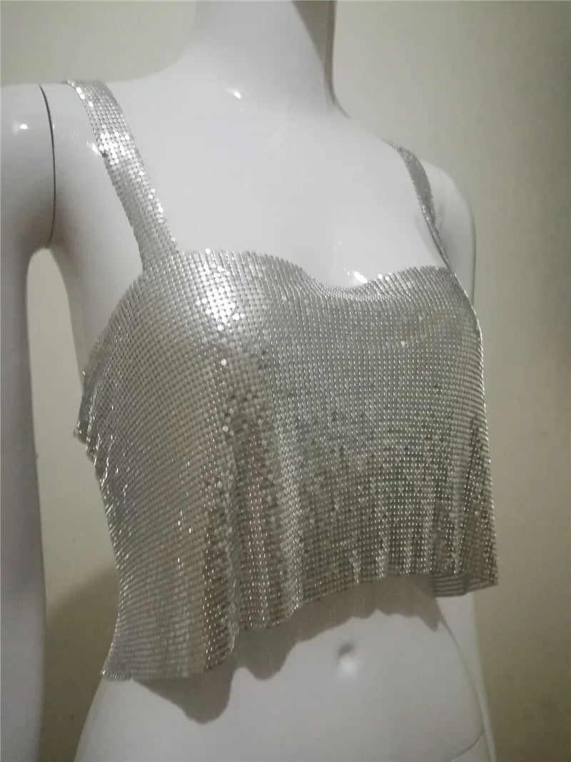 Sexy Women Shiny Tank Tops Gold Sequined Metal Diamonds Crop Tops Vest Tee Shirt Glitter Crystal Nightclub Basic Crop Tops 2024