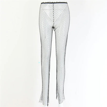 Fishnet Sexy Tunic Pants Women Long Bottoms Mesh Hollow Out Transparent Beach Club Party Crystal Rhinestones Diamonds Trousers