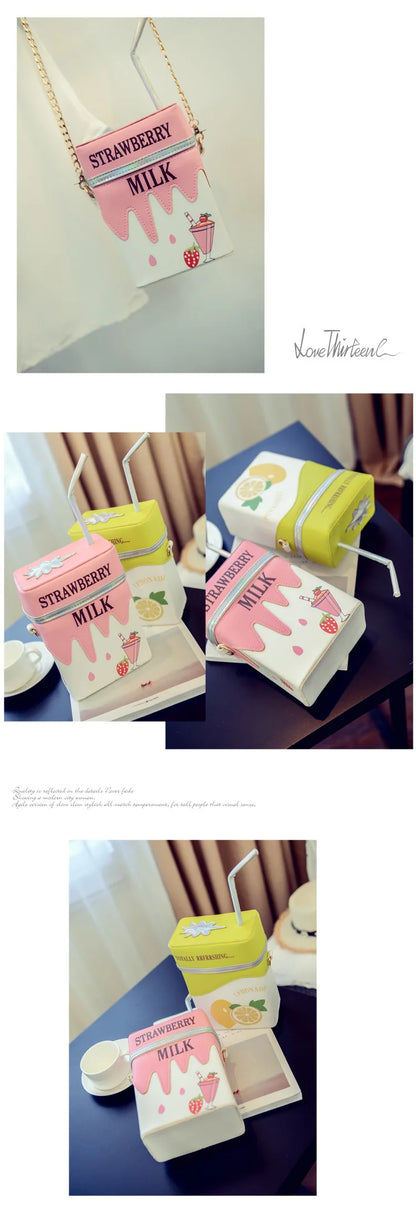 Personality Milk Box Shape Shoulder Bag Strawberry /Lemon printed drink bottle shape bag with straw femle mobile phone bags