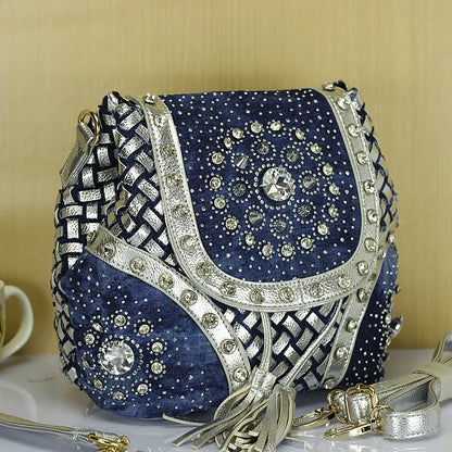 Bolso de hombro elegante de marca con diamantes de imitación para mujer, bolso de tela vaquera informal para mujer, bolsos de mano para mujer, mochila