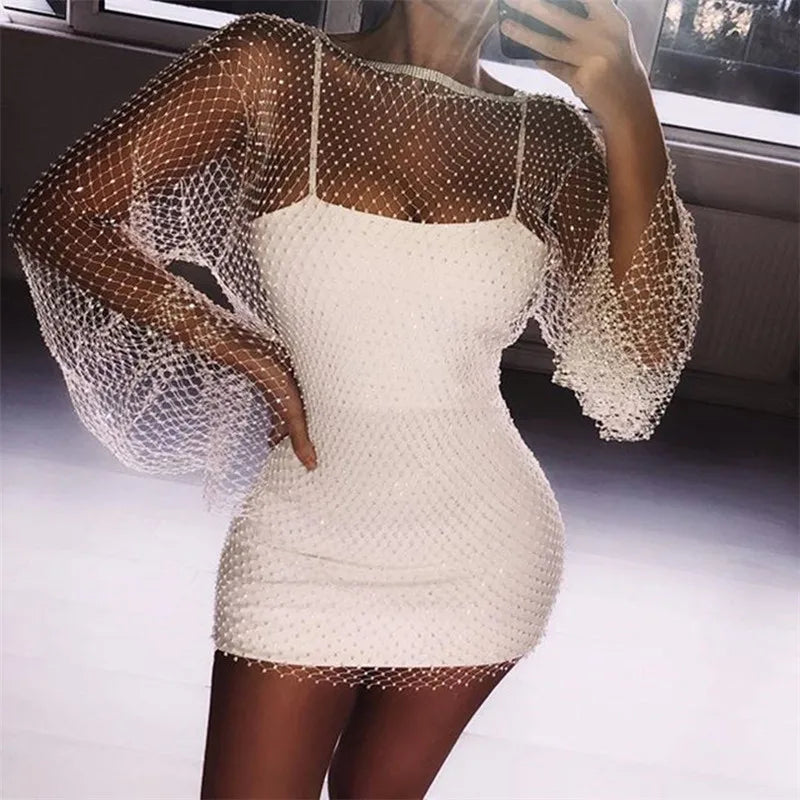 Vestido ajustado de malla transparente de manga larga con diamantes de imitación para mujer, vestido sexy transparente para discoteca, vestidos de fiesta cortos con purpurina, vestidos femeninos