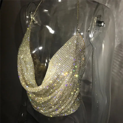 Top corto con cuello halter hecho a mano con brillantes diamantes de imitación, sin espalda, elegante bralette de fiesta para playa de verano, camiseta sin mangas sexy para mujer, ropa 2024