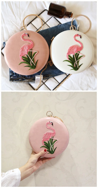 Women Embroidery Flamingo Evening Bags Luxury Round Shaped Female Wedding Dinner Bags Shoulder Bags Clutch Purse