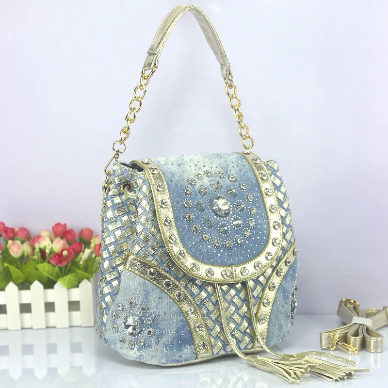 Bolso de hombro elegante de marca con diamantes de imitación para mujer, bolso de tela vaquera informal para mujer, bolsos de mano para mujer, mochila