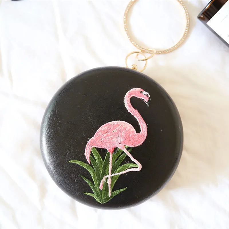 Women Embroidery Flamingo Evening Bags Luxury Round Shaped Female Wedding Dinner Bags Shoulder Bags Clutch Purse