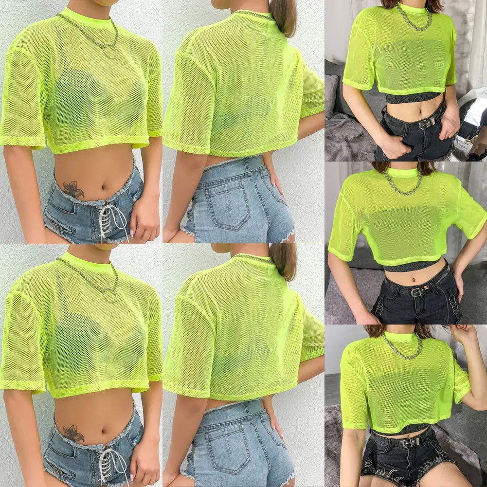 Moda mujer malla transparente media manga crop tops casual transparente color sólido camiseta camiseta sexy señoras verano ropa SML