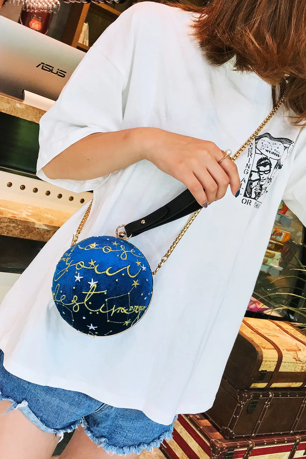 Luxury Fashion Blue Planet Velvet Star Ball Shoulder Bag Women small round Velour Bag Personality Female Handbag