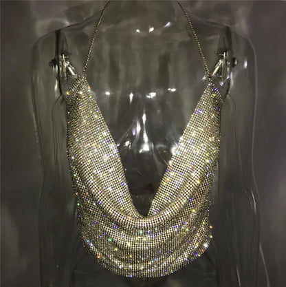 Top corto con cuello halter hecho a mano con brillantes diamantes de imitación, sin espalda, elegante bralette de fiesta para playa de verano, camiseta sin mangas sexy para mujer, ropa 2024