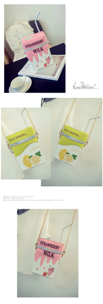 Personality Milk Box Shape Shoulder Bag Strawberry /Lemon printed drink bottle shape bag with straw femle mobile phone bags