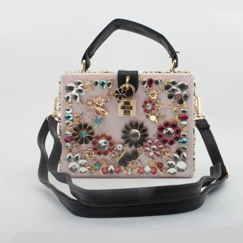 Women Evening Clutch Acrylic Square Box Bag with Rhinestones Shoulder Bag Crossbody Bag Handbag